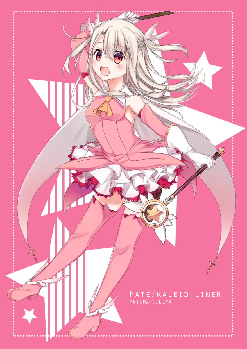 1girl, arm_up, boots, breasts, detached_sleeves, eyebrows_visible_through_hair, fate/kaleid_liner_prisma_illya, fate_(series)
