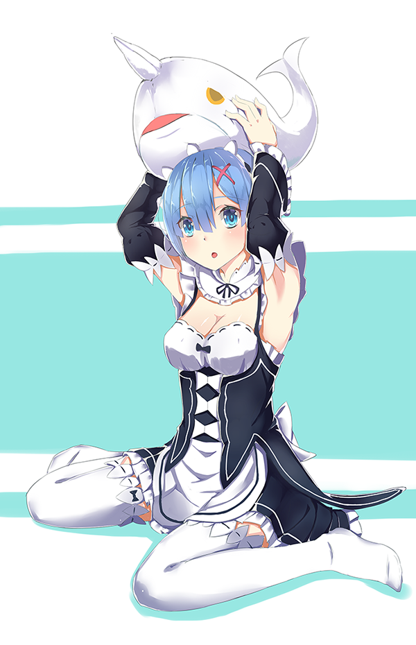 1girl, apron, armpits, arms_up, black_ribbon, black_skirt, blue_eyes, blue_hair