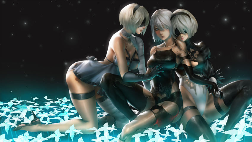 3girls, alternate_costume, ass, bandage, bandaged_arm, blindfold, blue_eyes, blush