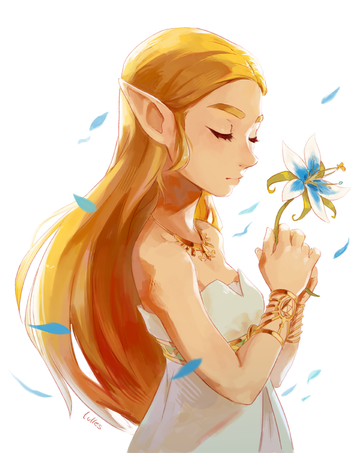 1girl, bare_shoulders, blonde_hair, closed_eyes, dress, earrings, flower, hair_ornament