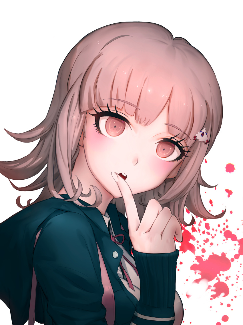 1girl, absurdres, black_sweater, blood, brown_eyes, brown_hair, dangan_ronpa, eyebrows_visible_through_hair