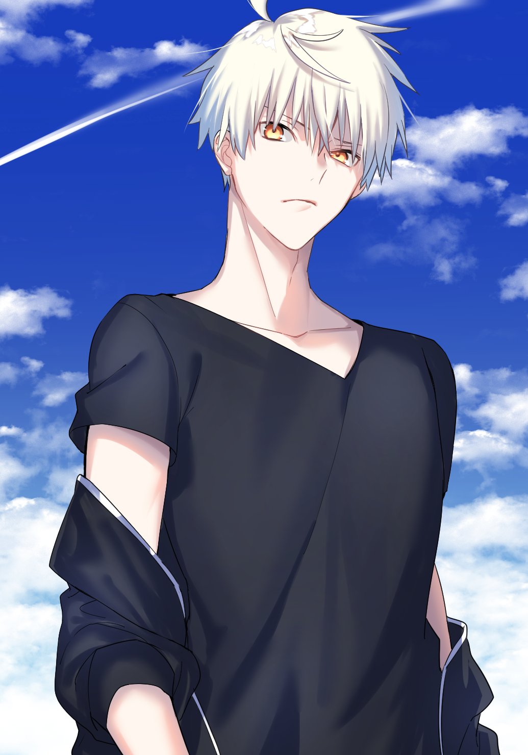 1boy, ahoge, artoria_pendragon_(all), blue_sky, clouds, dark_persona, fate/grand_order, fate/prototype