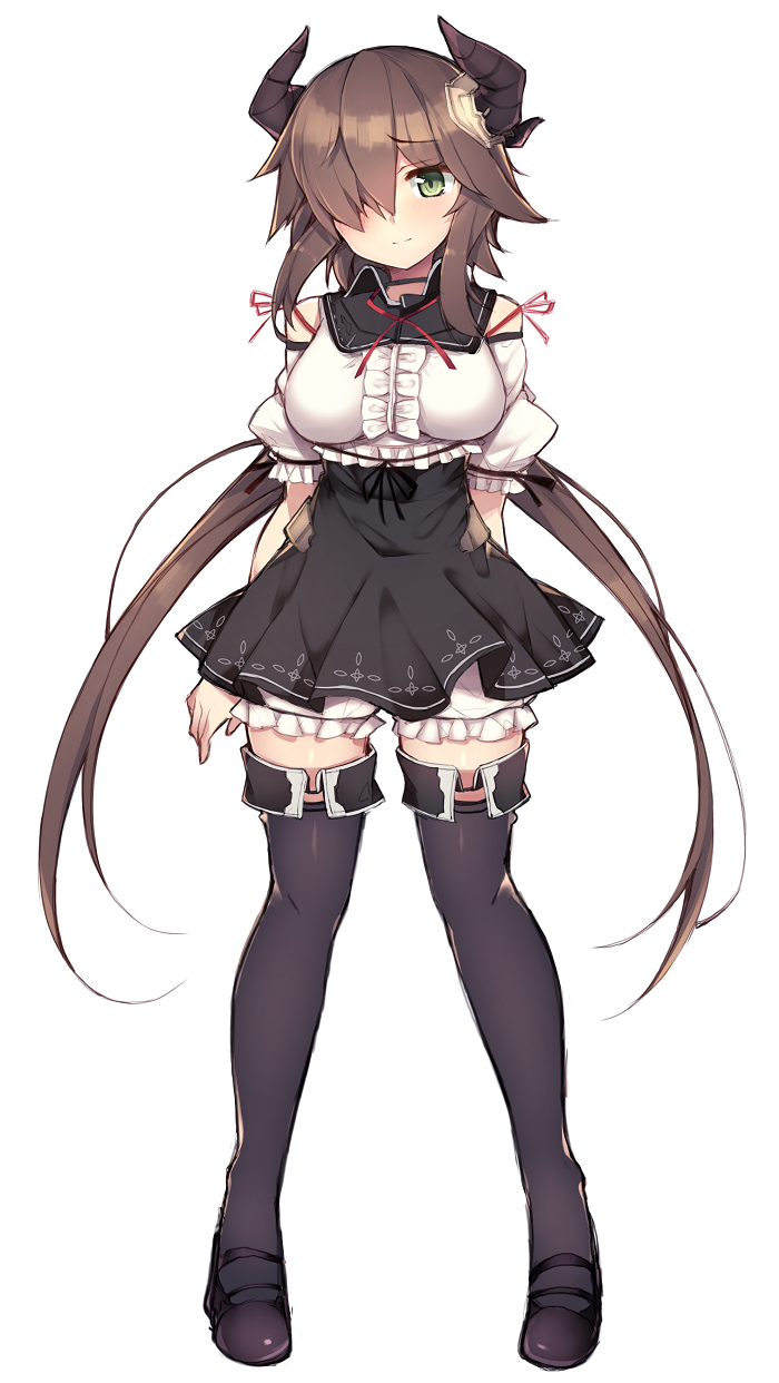 1girl, bangs, black_legwear, black_skirt, bloomers, blouse, blush, breasts, brown_hair, closed_mouth, commentary_request, detached_sleeves, eyebrows_visible_through_hair, frills, full_body, green_eyes, hair_flaps, hair_over_one_eye, haruyuki_(yukichasoba), high-waist_skirt, highres, horns, large_breasts, legs_apart, light_smile, long_hair, looking_at_viewer, low_twintails, mary_janes, original, puffy_detached_sleeves, puffy_sleeves, shoes, simple_background, skirt, solo, standing, thigh-highs, tsurime, twintails, underwear, very_long_hair, white_background, white_blouse