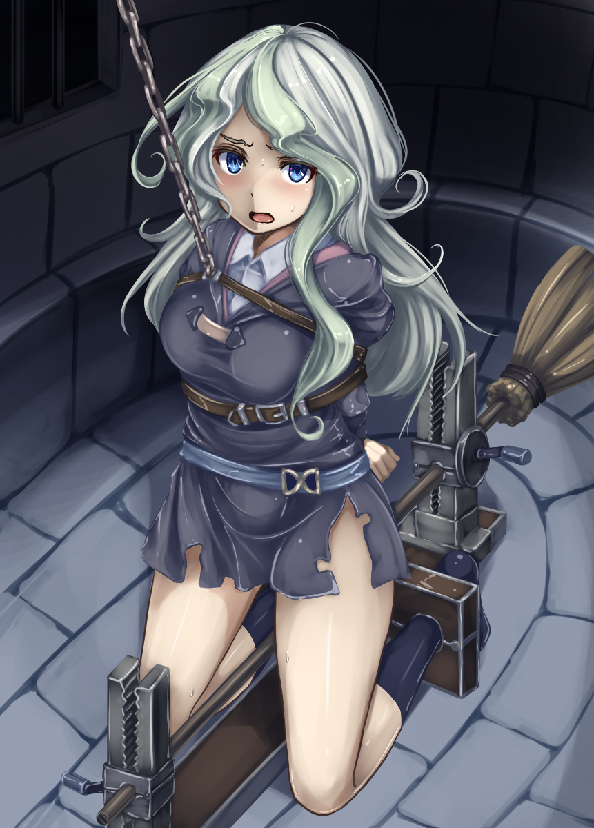1girl, arms_behind_back, bdsm, blue_eyes, bondage, bound, broom, chains