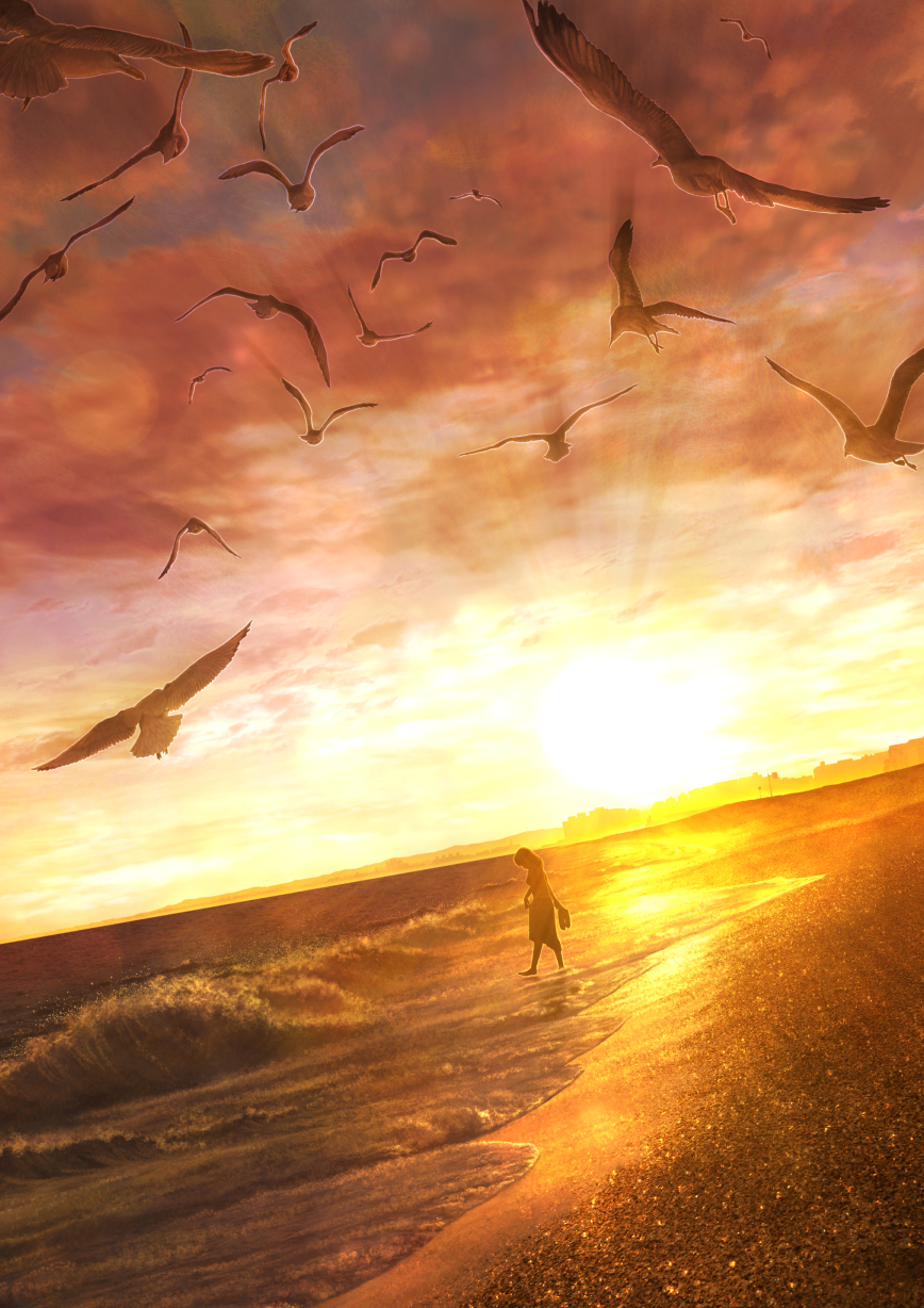 1girl, bird, flock, highres, kun52, ocean, original, outdoors