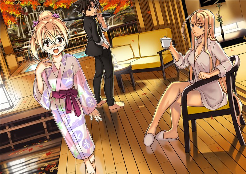 1boy, 2girls, :d, akamatsu_ken, autumn_leaves, barefoot, black_hair, black_pants