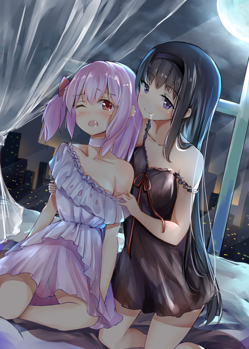 2girls, akemi_homura, black_hair, blush, choker, curtains, dango_(dangowalolicon), full_moon