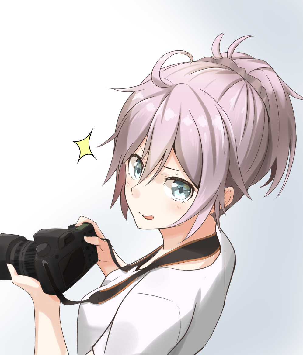 :p, ahoge, aoba_(kantai_collection), blush, camera, camera_lens, cameraman, holding