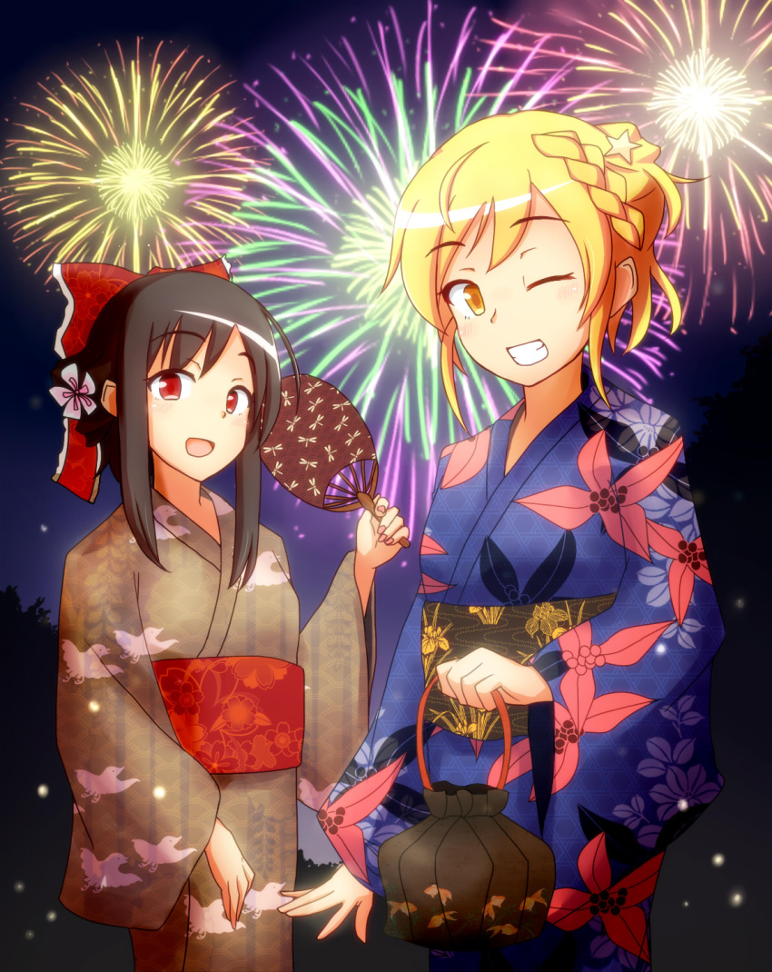 2girls, :d, aerial_fireworks, alternate_costume, alternate_hairstyle, animal_print, bag, bird_print, black_hair, blonde_hair, bow, dragonfly_print, fan, festival, fireflies, fireworks, floral_print, flower, grin, hair_bow, hair_flower, hair_ornament, hair_tubes, hair_up, hakurei_reimu, handbag, highres, holding, japanese_clothes, kimono, kirisame_marisa, long_sleeves, looking_at_viewer, multiple_girls, nail_polish, nekomaranai, night, obi, one_eye_closed, open_mouth, outdoors, paper_fan, pink_nails, red_eyes, sash, short_hair, short_ponytail, sidelocks, smile, star, star_hair_ornament, touhou, uchiwa, yellow_eyes, yukata