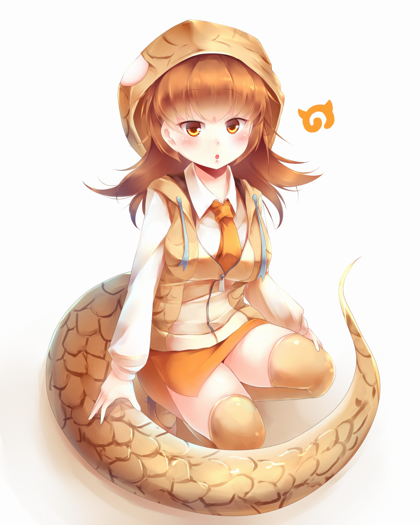 1girl, absurdres, blush, brown_hair, highres, hood, japari_symbol, kanzakietc, kemono_friends, necktie, open_mouth, simple_background, snake_tail, solo, tail, taipan_(kemono_friends), thigh-highs, white_background