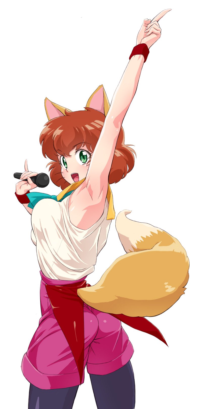 1girl, animal_ears, arm_up, ascot, bangs, black_legwear, breasts, cowboy_shot