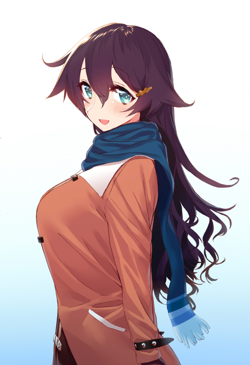 1girl, bangs, black_hair, blew_andwhite, blue_eyes, blue_scarf, brown_blouse, eyebrows_visible_through_hair