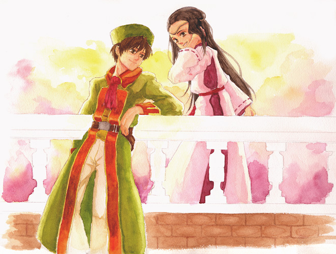 1girl, bad_id, brown_hair, couple, dragon_quest, dragon_quest_viii, eltrio, hat, pue, sai_(pue), xia_(dq8)