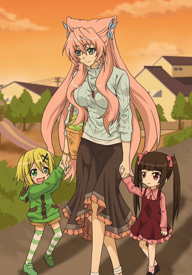 3girls, akatsuki_kirika, bag, bangs, black_hair, black_skirt, blue_eyes, blunt_bangs