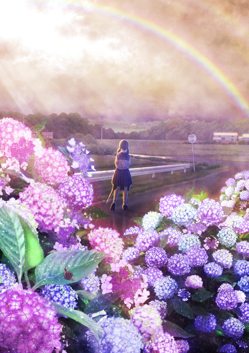 1girl, black_hair, flower, full_body, highres, hydrangea, kun52, landscape