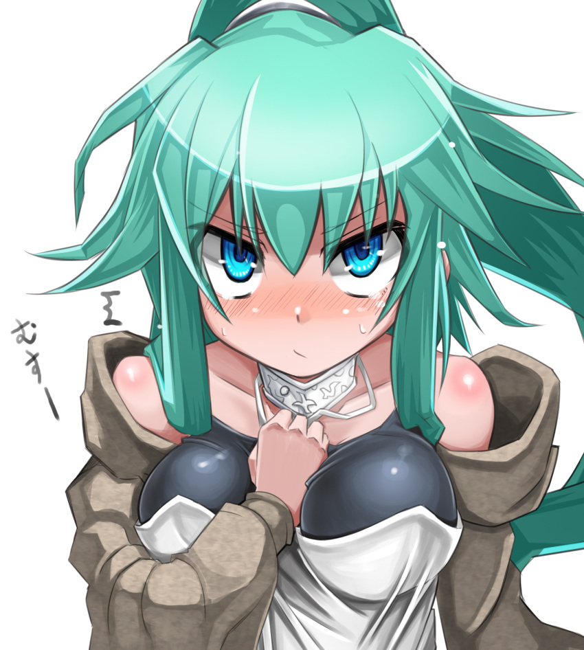 1girl, between_breasts, blue_eyes, blush, breasts, collarbone, duel_monster, green_hair, hair_ornament, hand_between_breasts, highres, jacket, jewelry, large_breasts, long_hair, looking_at_viewer, off_shoulder, ponytail, solo, spirit-edge, sweat, winda_priestess_of_gusto, yu-gi-oh!