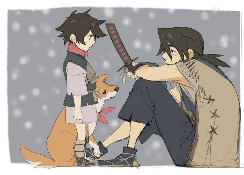 brown_hair, dog, japanese_clothes, katana, kitayama, kotarou_(stranger), nanashi_(stranger), ribbon