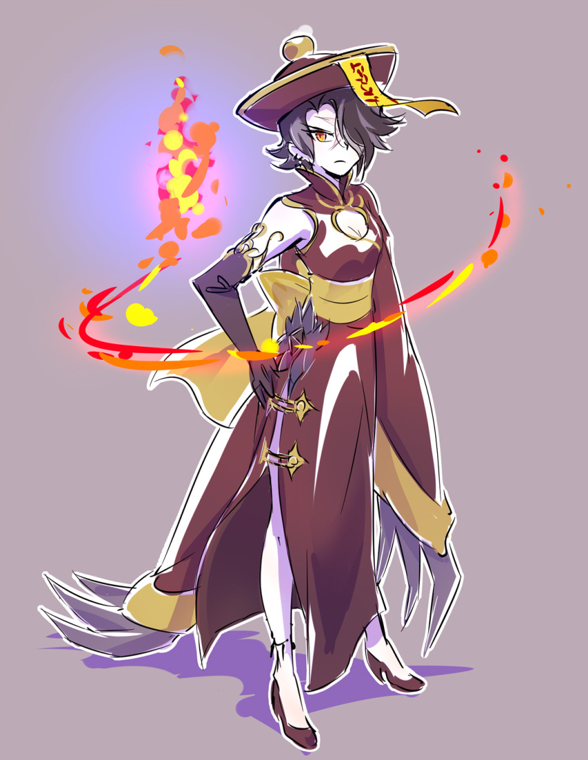 1girl, breasts, chinese_clothes, cinder_fall, cleavage, cosplay, elbow_gloves, fire