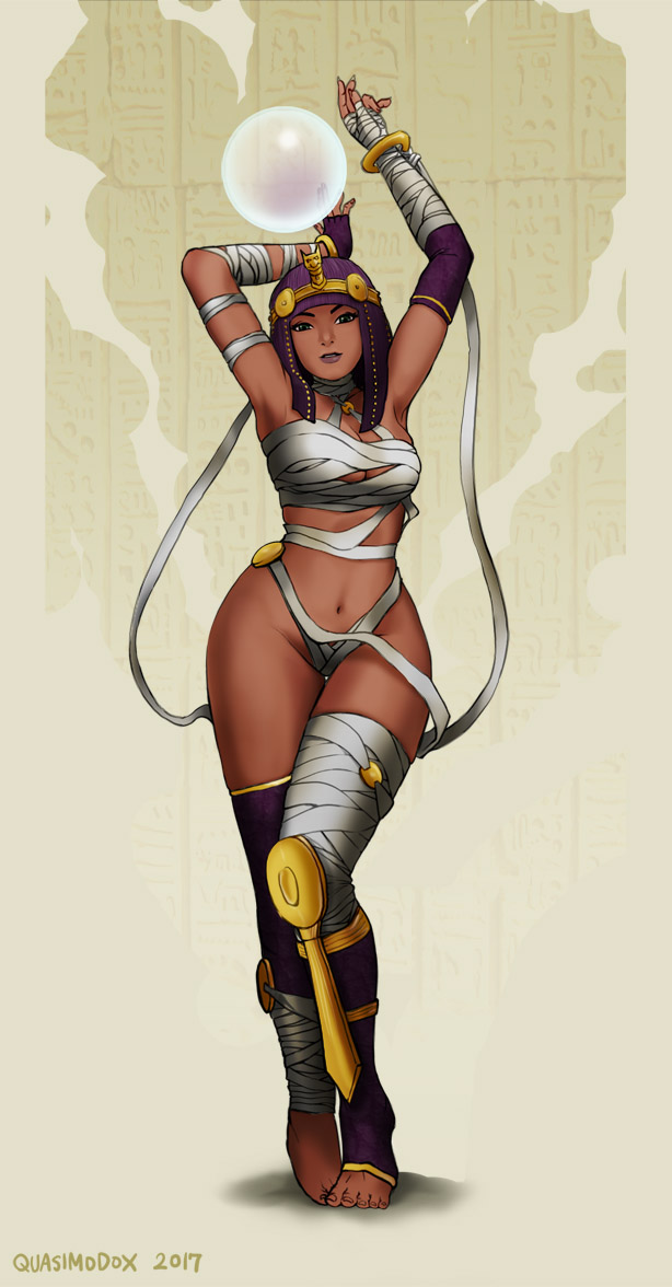 1girl, 2017, alternate_costume, artist_name, bandage, bracelet, breasts, crystal_ball, feet, fingerless_gloves, full_body, gloves, green_eyes, jewelry, looking_at_viewer, menat, navel, parted_lips, purple_hair, quasimodox, solo, stomach, street_fighter, street_fighter_v, thigh-highs, tiara, toeless_legwear, toes