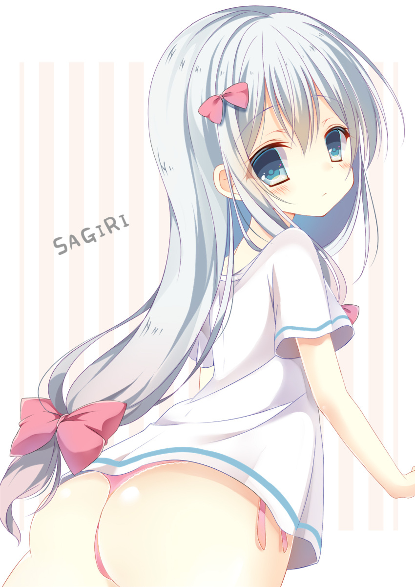 1girl, ass, blue_eyes, blush, bow, character_name, closed_mouth, commentary_request