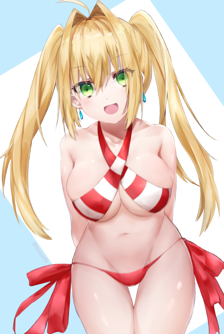 1girl, :d, ahoge, aqua_earrings, bikini, blonde_hair, blush, breasts