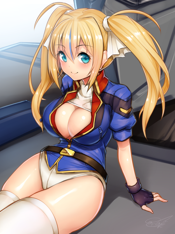 1girl, bangs, black_gloves, blue_hair, blush, breasts, cleavage, closed_mouth