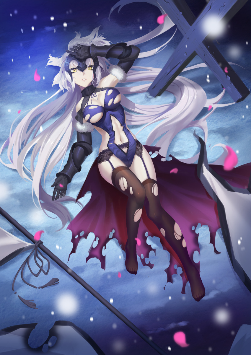 1girl, absurdres, black_gloves, black_legwear, blue_leotard, breasts, cleavage, elbow_gloves