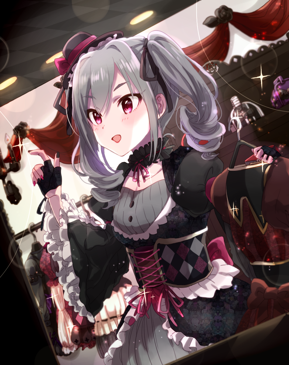 1girl, anaroguya, clothes_hanger, dress, drill_hair, dutch_angle, fingerless_gloves, gloves