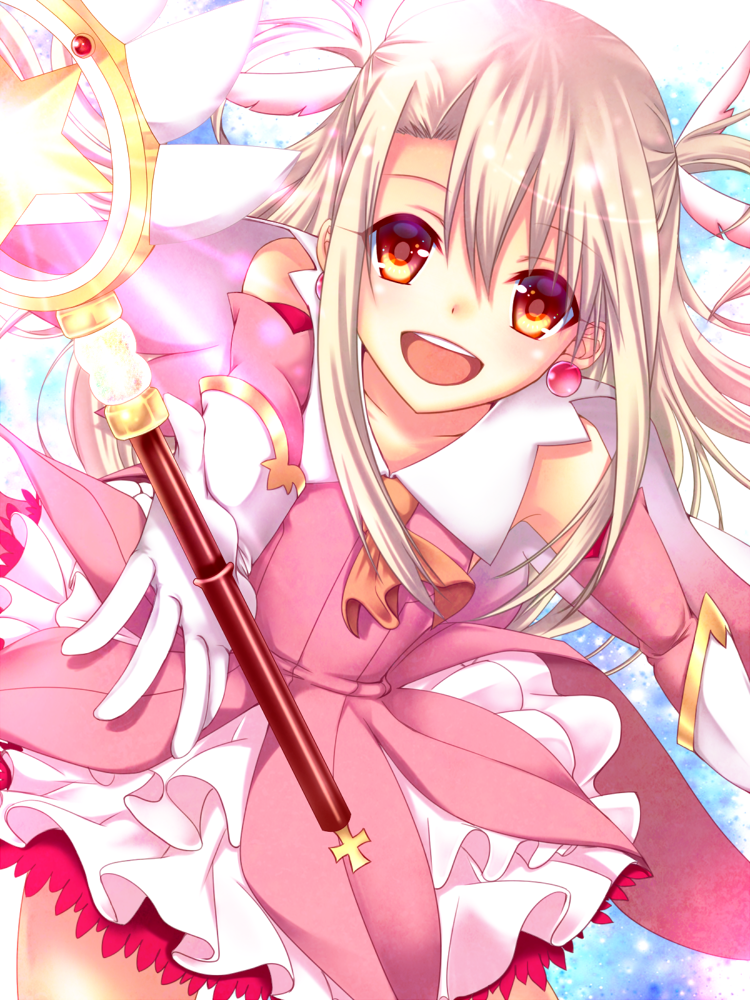 1girl, :d, brown_eyes, brown_neckerchief, detached_sleeves, earrings, eyebrows_visible_through_hair, fate/kaleid_liner_prisma_illya