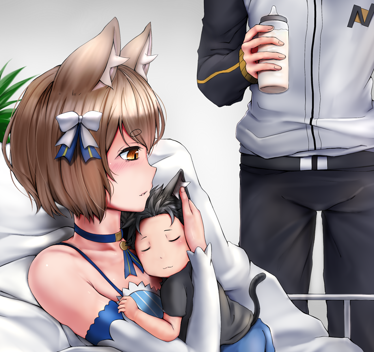 3boys, androgynous, animal_ears, black_pants, bow, brown_eyes, brown_hair, cat_ears