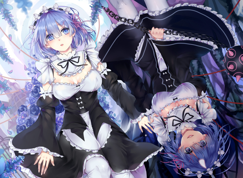 2girls, absurdres, alti_meizi, apron, black_ribbon, black_skirt, blue_eyes, blue_hair