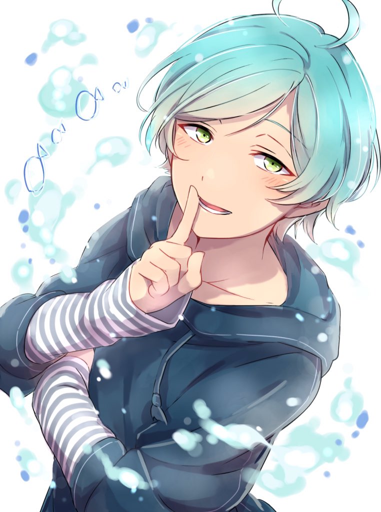 1boy, ahoge, aqua_hair, bangs, blue_hoodie, blush, collarbone, ensemble_stars!