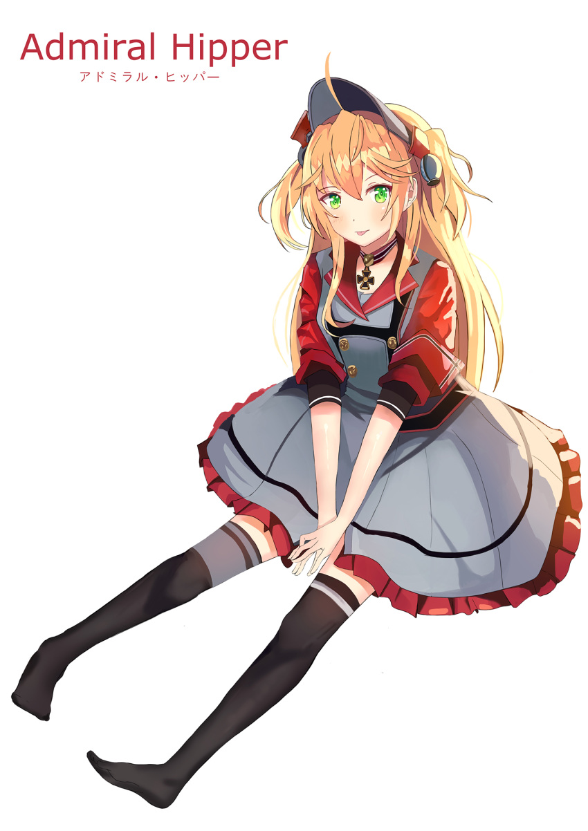 1girl, :p, admiral_hipper_(bilan_hangxian), armband, azur_lane, between_legs, bilan_hangxian, black_legwear, blonde_hair, breasts, character_name, chovy_(arina0908), collar, double-breasted, dress, flush, frilled_dress, frills, green_eyes, hair_between_eyes, hand_between_legs, headgear, highres, iron_cross, jewelry, long_hair, looking_at_viewer, medal, medium_breasts, nazi_war_ensign, necklace, open_mouth, pleated_dress, shoes_removed, short_sleeves, sidelocks, simple_background, sitting, solo, thigh-highs, tongue, tongue_out, two_side_up, visor_cap, white_background