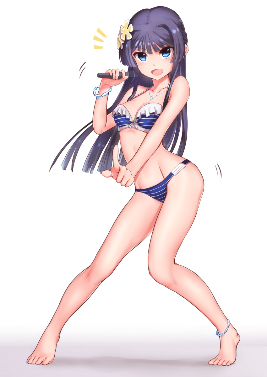 1girl, absurdres, barefoot, bikini, black_hair, blue_bikini, blue_eyes, breasts