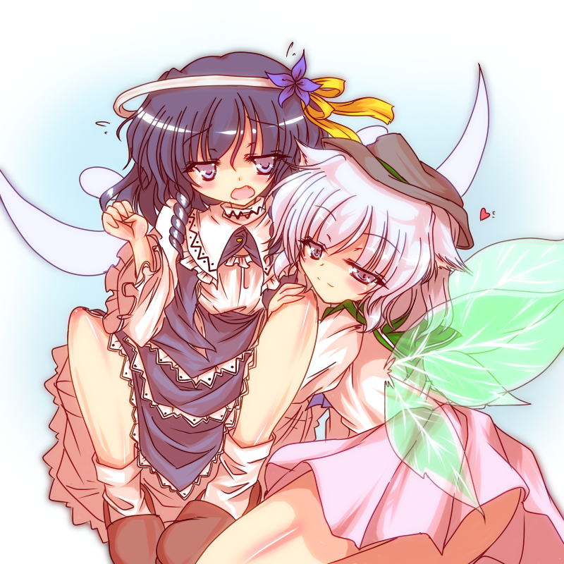 2girls, black_hat, blue_eyes, blue_hair, blush, brown_shoes, dress, embarrassed