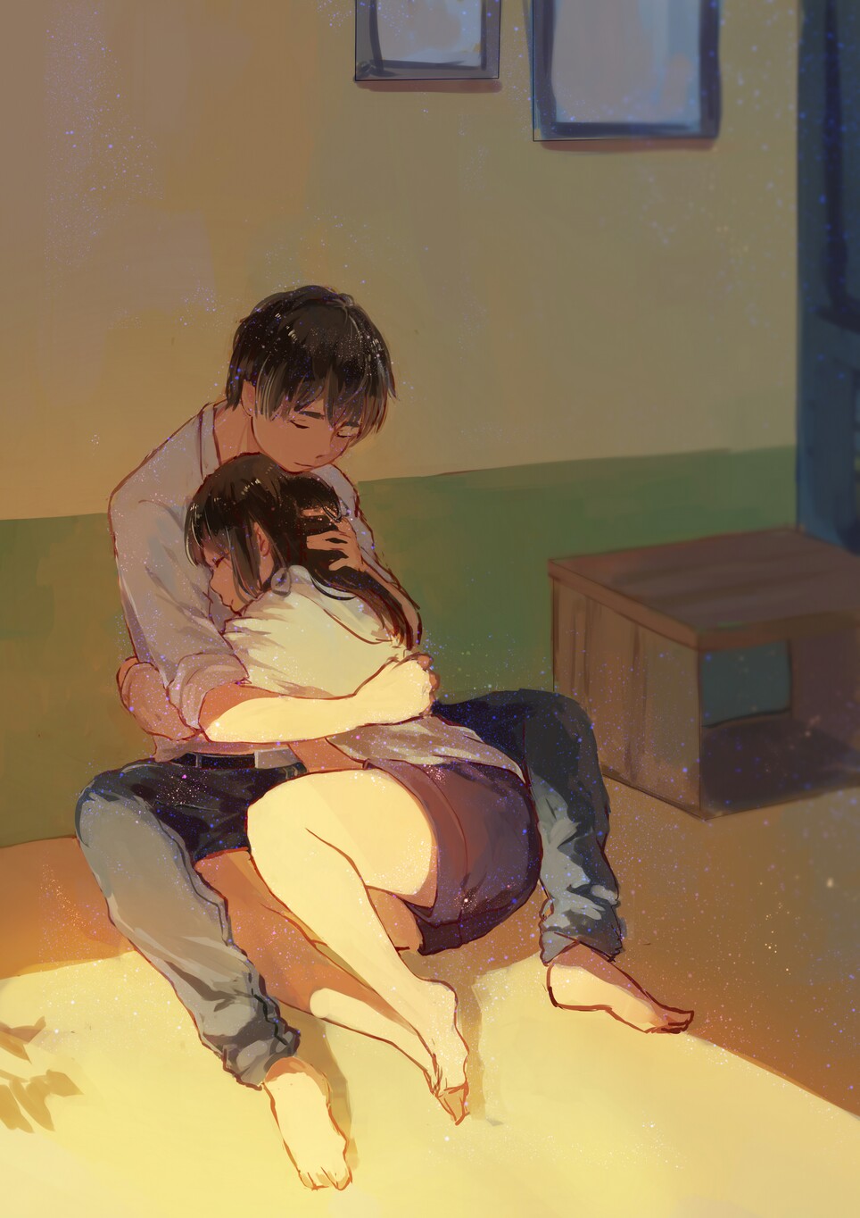 1boy, 1girl, barefoot, belt, bench, black_shorts, brown_hair, closed_eyes