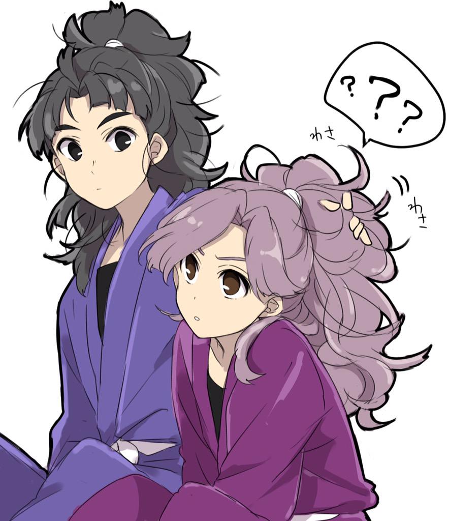 1boy, 1girl, ?, ayabe_kihachirou, bangs, belt, black_eyes, black_hair