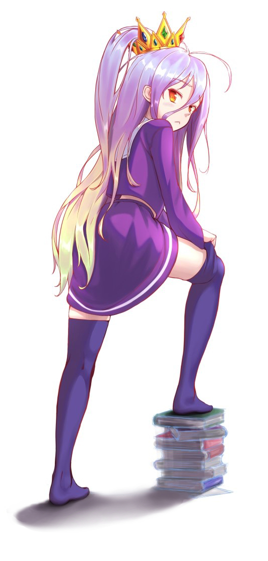 1girl, black_legwear, book_stack, c-eye, crown, long_hair, looking_back, no_game_no_life, purple_hair, purple_skirt, red_eyes, shiro_(no_game_no_life), skirt, solo, thigh-highs
