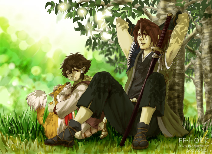 brown_hair, dog, grass, japanese_clothes, katana, kotarou_(stranger), nagamune_rika, nanashi_(stranger)