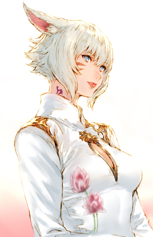 1girl, animal_ears, cat_ears, cleavage_cutout, facial_mark, final_fantasy, final_fantasy_xiv, gradient