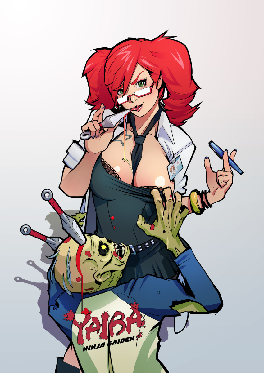 1boy, 1girl, absurdres, bangle, belt, between_breasts, between_fingers, black_dress, blue_nails, bra, bracelet, breast_tattoo, breasts, cleavage, cleavage_reach, dress, eyeshadow, facing_viewer, glasses, green_eyes, hair_over_one_eye, highres, holding, holding_weapon, in_the_face, jewelry, kunai, lace, lace-trimmed_bra, large_breasts, licking, licking_weapon, lips, looking_at_viewer, makeup, miss_monday_(ninja_gaiden), mole_above_mouth, nail_polish, name_tag, necktie, necktie_between_breasts, ninja_gaiden, official_art, pen, red-framed_eyewear, redhead, semi-rimless_glasses, short_dress, sleeves_rolled_up, solo_focus, studded_belt, tattoo, tecmo, tongue, tongue_out, under-rim_glasses, underwear, weapon, yaiba:_ninja_gaiden_z, zombie