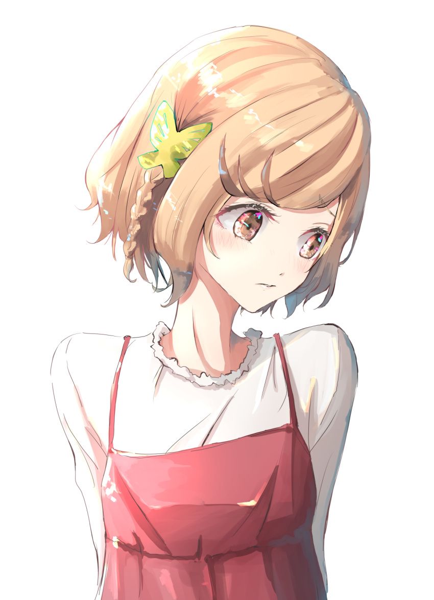 1girl, akagi_mako, arms_behind_back, ballroom_e_youkoso, blonde_hair, braid, brown_eyes, butterfly_hair_ornament