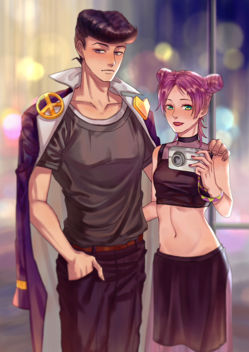 1boy, 1girl, bare_shoulders, belt, black_hair, bustier, camera, character_request, green_eyes, hand_in_pocket, hand_on_another's_shoulder, highres, jacket_on_shoulders, jojo_no_kimyou_na_bouken, juan_haozi, looking_at_viewer, midriff, navel, pink_hair, pompadour, short_hair, skirt, violet_eyes