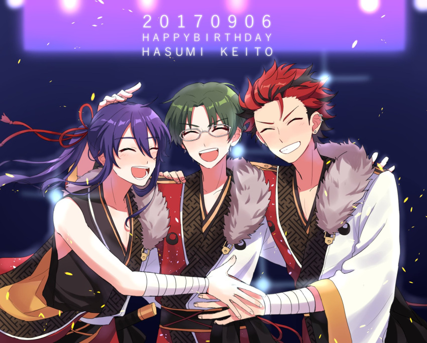 3boys, akatsuki_(ensemble_stars!), bandage, bare_shoulders, ensemble_stars!, fur_trim, glasses, green_hair