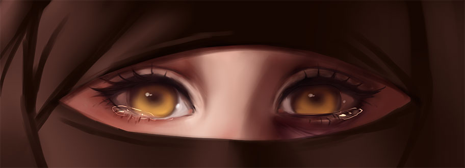 1girl, black_eye, close-up, domestic_violence, eyelashes, hijab, injury, isis_(terrorist_group), jihad-chan, original, otto, persona_eyes, propaganda, sad, tearing_up, tears, yellow_eyes