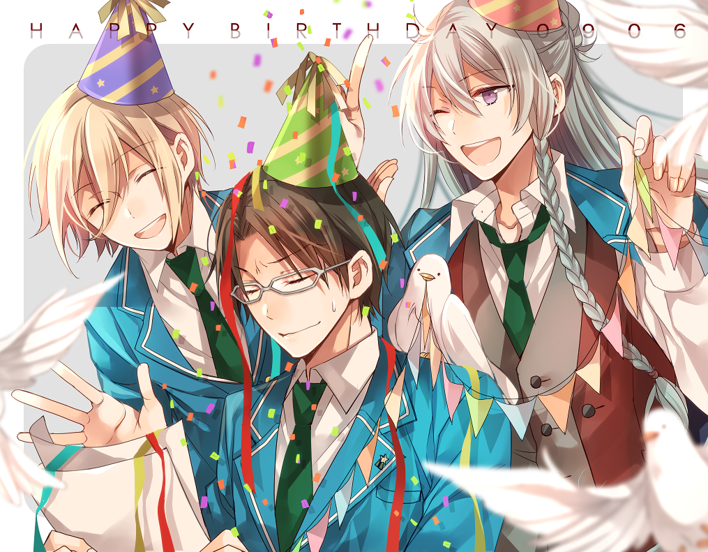 3boys, bird, blazer, blonde_hair, blue_hair, braid, closed_eyes, confetti