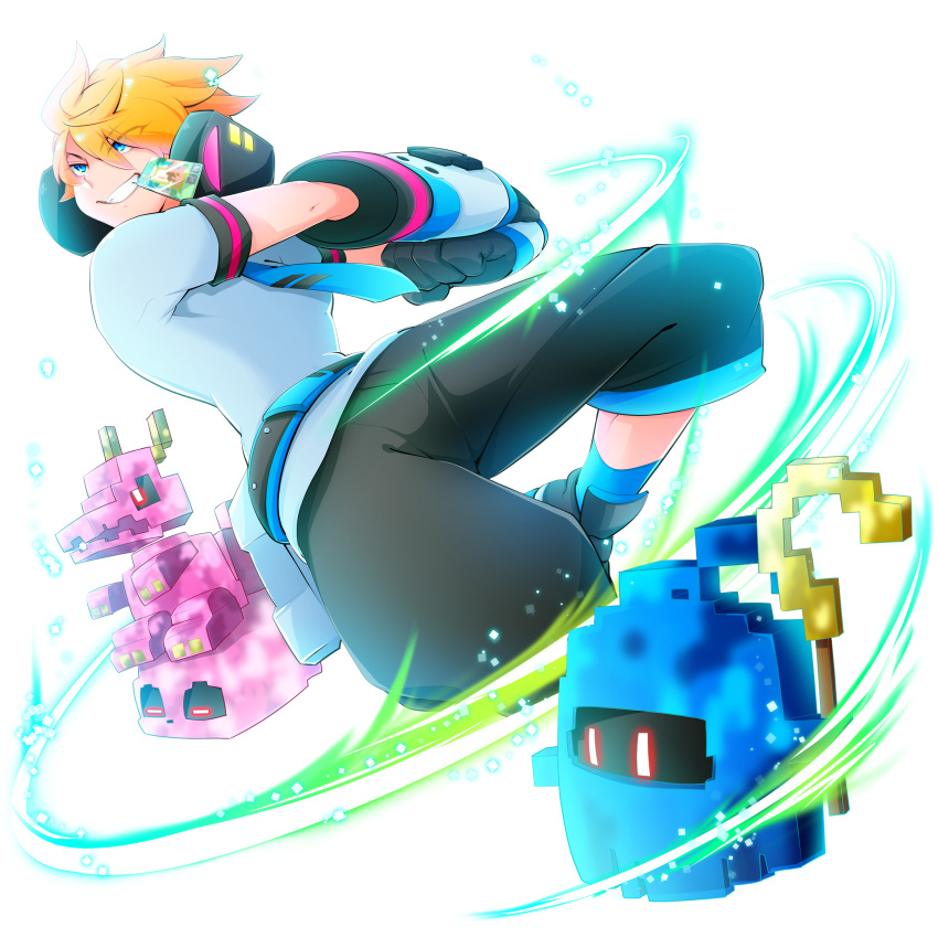 #compass, 1boy, absurdres, blonde_hair, blue_eyes, card, grey_shirt, grin, headphones, highres, jumping, juumonji_atari, male_focus, mouth_hold, necktie, shirt, short_hair, smile, t-shirt, zuccho