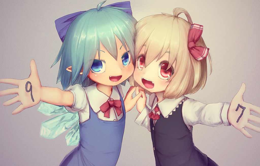2girls, ahoge, black_vest, blonde_hair, blue_dress, blue_eyes, blue_hair, bow