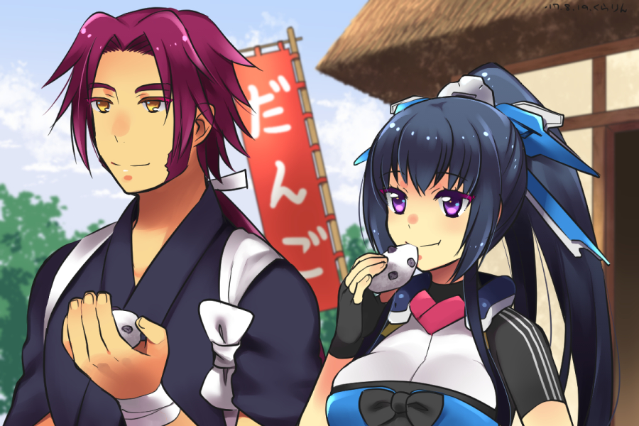 1boy, 1girl, black_gloves, black_hair, bow, crossover, daifuku, eating