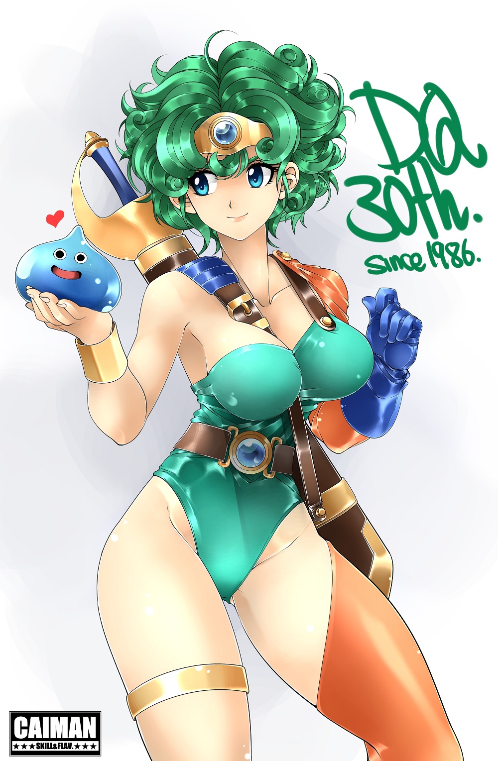 1girl, ahoge, animal, anniversary, artist_name, belt, between_breasts, blue_eyes
